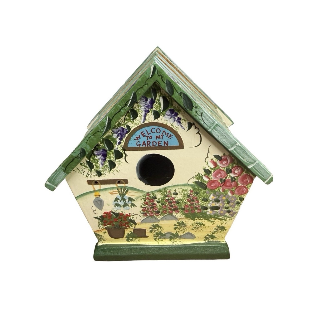 VTG Kathy Hatch Hand‎ Painted Birdhouse Garden Coaster Set Of 6 grandma core